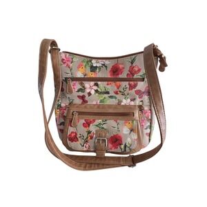 Kipling Floral Print Shoulder Bag‎ Tan Brown Multi Zip Pocket Purse